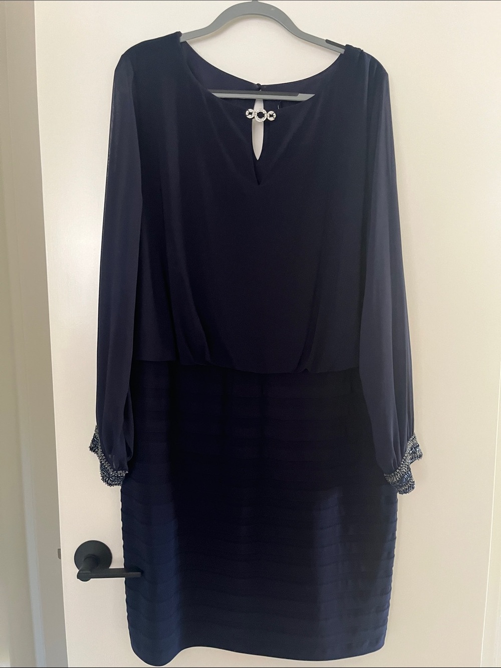 Alex Evenings Navy Long Sleeve Keyhole Shift Dress with Beaded Cuffs